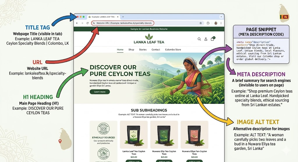 An annotated AI webpage diagram showing a sample Sri Lankan business website — with coloured arrows pointing to the title tag, H1 heading, URL, meta description, and image alt text, with a brief label and Sri Lankan example at each point.