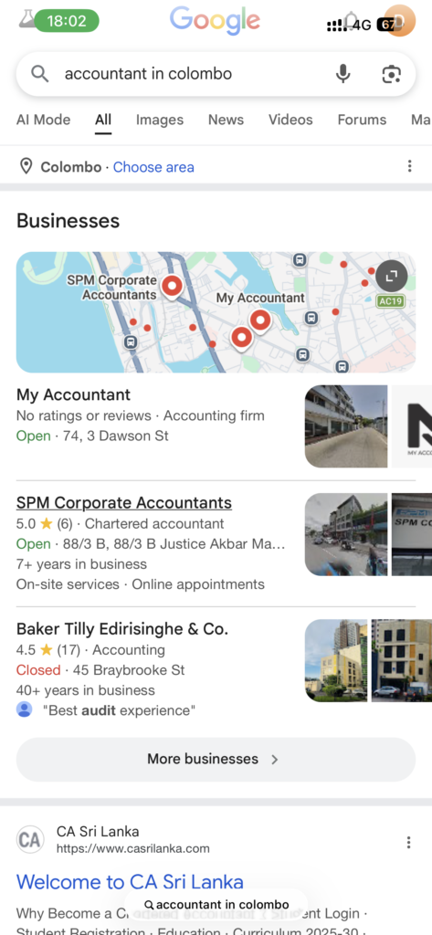 Google search results SS for "accountant in Colombo"