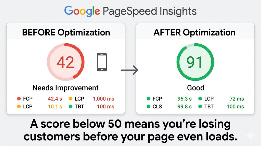 A Google Gemini generated image showcasing the before and after results of google page speed insights tool 