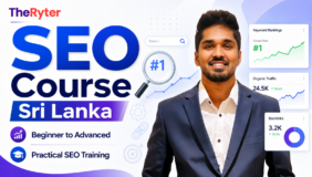 SEO Course Sri Lanka by TheRyter featuring beginner to advanced SEO training, keyword research, rankings, and analytics visuals.