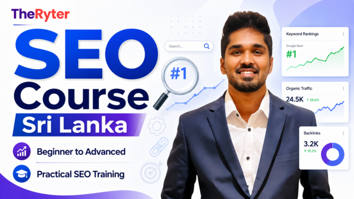 SEO Course Sri Lanka by TheRyter featuring beginner to advanced SEO training, keyword research, rankings, and analytics visuals.
